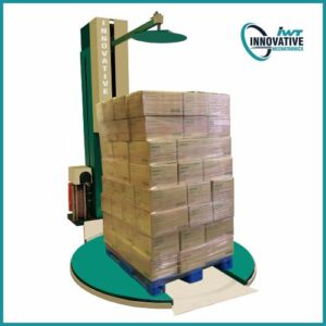 M Type pallet stretch wrapping machine securing industrial goods with stretch film for safe transportation