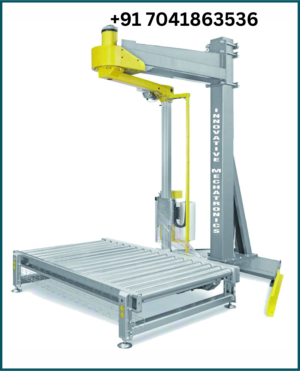 Arm type pallet wrapping machine with conveyor system by Innovative Mechatronics in automated packaging line