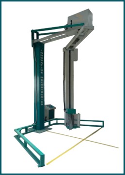Rotary arm stretch wrap machine by Innovative Mechatronics wrapping palletized industrial goods