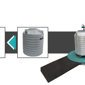 Water Tank Pallet Wrapping Machine securing large plastic water tank with stretch film on industrial turntable