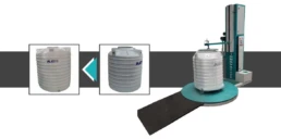 Water Tank Pallet Wrapping Machine securing large plastic water tank with stretch film on industrial turntable